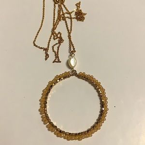 Long Gold Plated Chain W/Round Faceted Crystal and Pearl Pendant - NEW